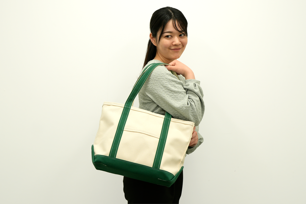 トートバック ファスナー付 Mサイズ（キナリ×グリーン）
