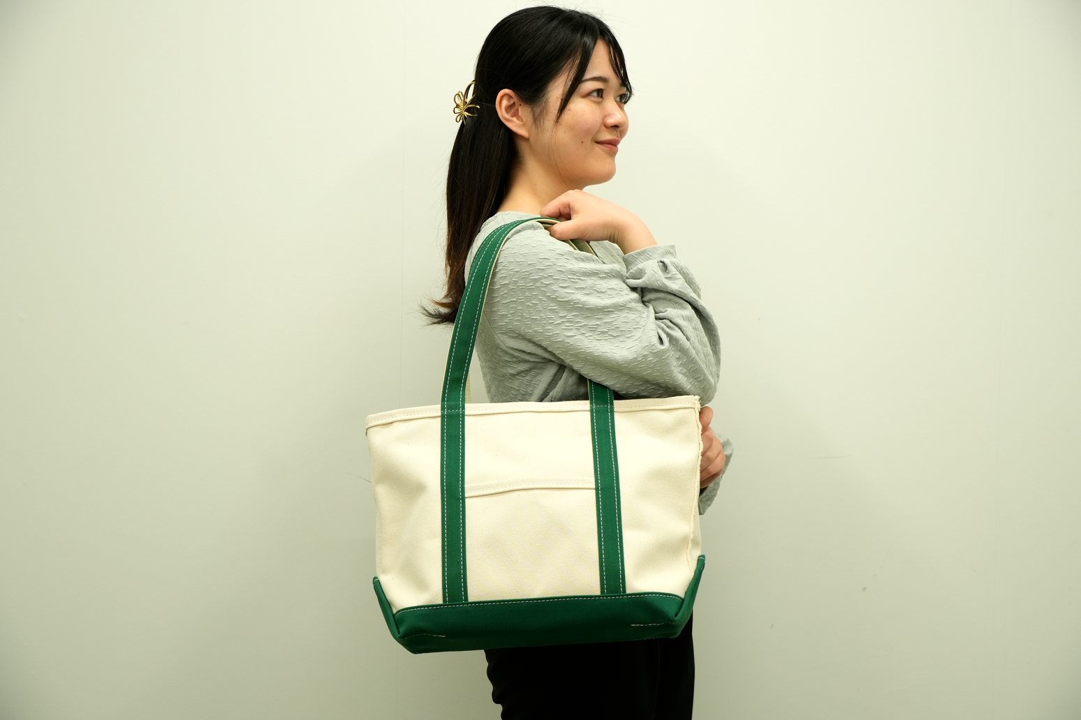 トートバック ファスナー付 Mサイズ（キナリ×グリーン）