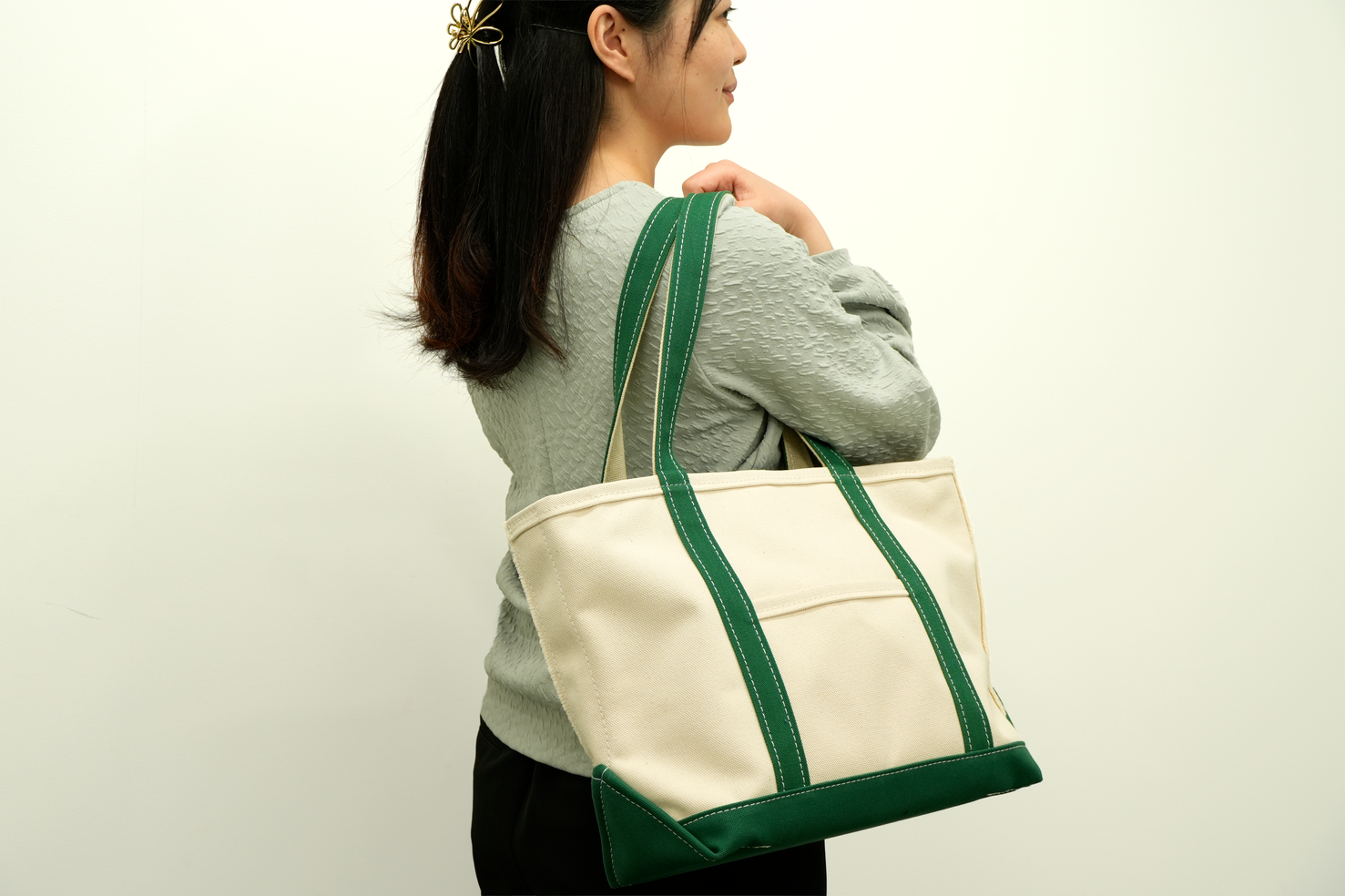 トートバック ファスナー付 Mサイズ（キナリ×グリーン）